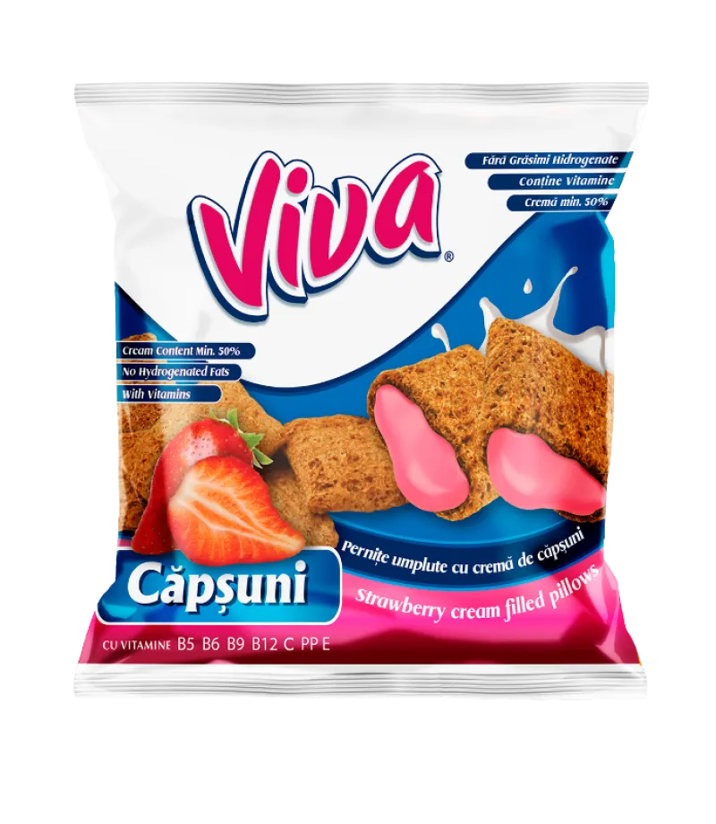 Viva snacks, epres ízű krémmel töltött gabonapárnácska - Scandic Royal Kft.